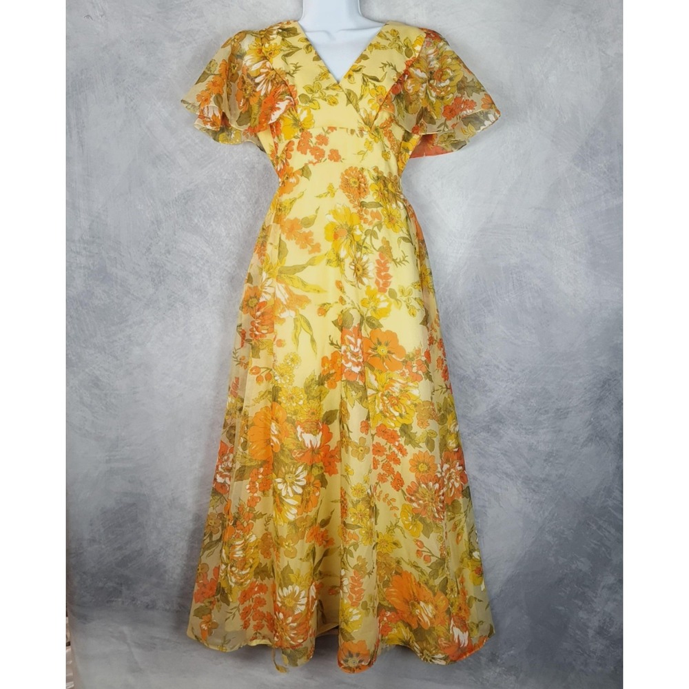 Vntg Floral Dress Jacket Womens 12 Yellow Chiffon Maxi 70s Mod Flutter Sleeve - Picture 3 of 16
